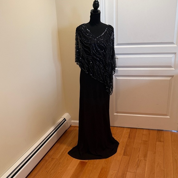 J Kara Black  Evening Dress with asymmetrical beaded overlay.new, never hemmed - Picture 5 of 16